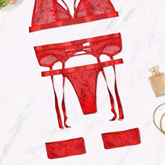 Exotic Strappy Fishnet 4 Piece Lingerie Set - Picture 2 of 3